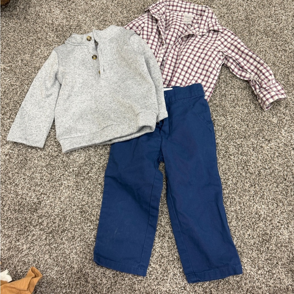 Carter's Boys Navy Pants, Gray Henley Sweater & Burgundy Plaid Shirt Set